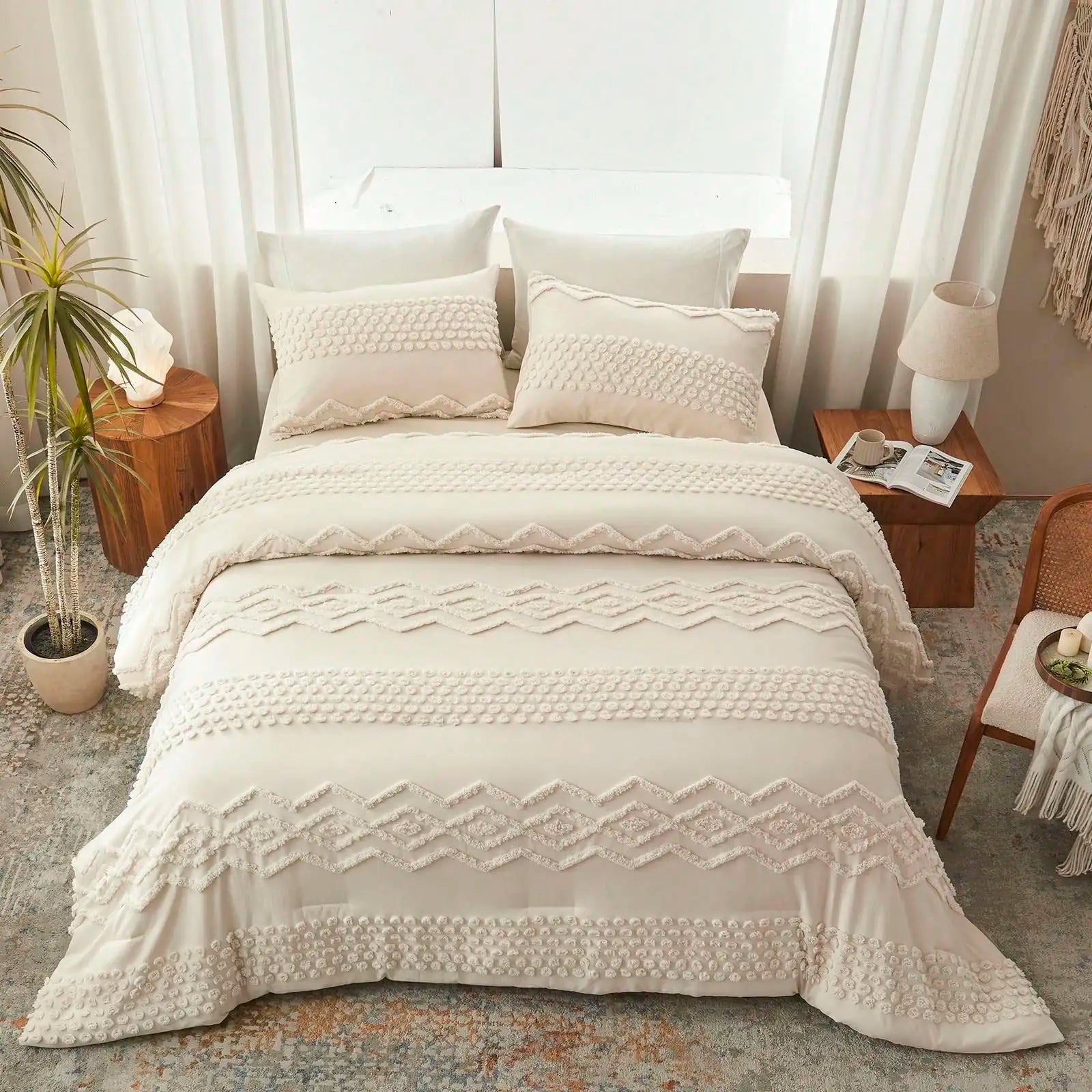 Boho Tufted Comforter Set King Size For Room Deocr And Valentine's Day 3 Pieces White Shabby Chic Comforter Farmhouse Embroidery