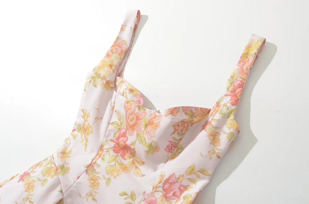 2024 Sexy Pink Flower Print V Collar Sling Dress Women Corset Style Low Waist Folds Hem Ball Gown Swing Mini Tank Robe