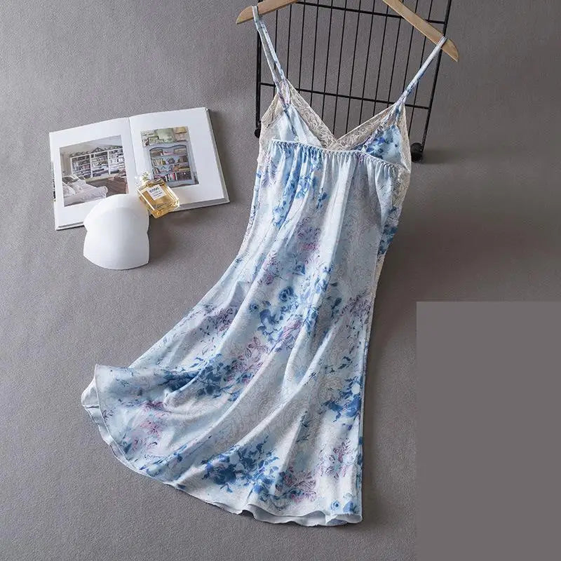 Women Lace Chemise Nightgown Dress Summer New Silky Satin Sleepwear Dressing Gown Lingerie Sexy Strap Nightdress Loungewear