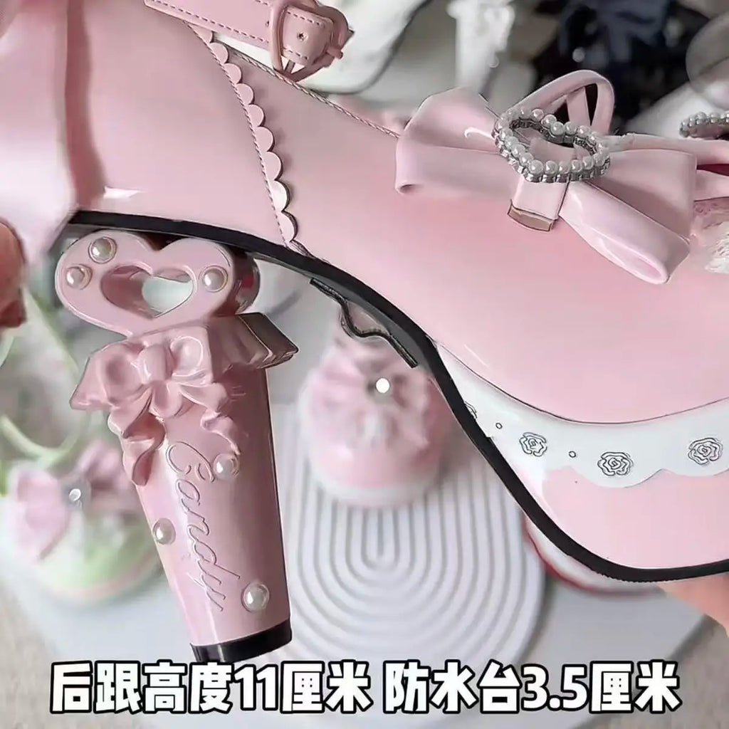 Original Sweet Lolita High Heels Fairy Style Japanese Cosplay Women Leather Shoe 5cm Design Bow Rhinestone Street Shoes Y2k