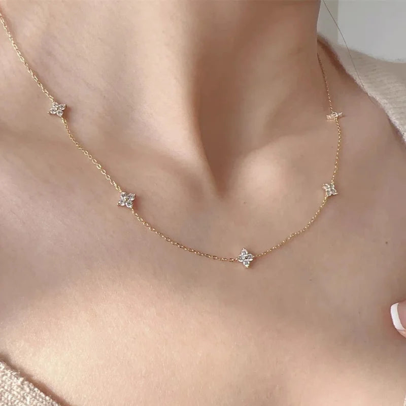 Gorgeous Four-leaf Flower Inlaid Zircon Chain Necklace for Women Elegant Luckly Choker Party Jewelry Birthday Gifts
