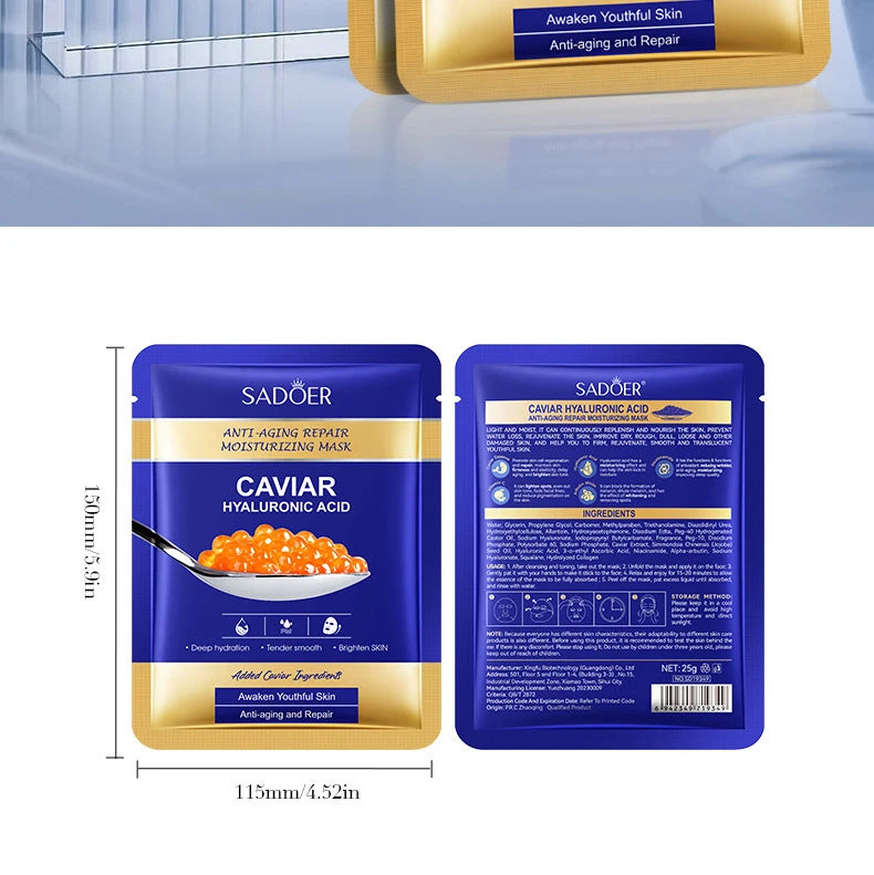 5pcs  Caviar Hyaluronic Acid Moisturizing Facial Masks Brightening Firming Hydrating Face Mask Facial Skin Care Products