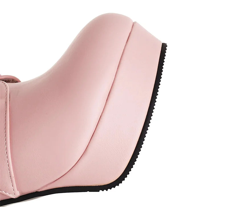 Winter Pink White Red Platform Ankle Boots Women High Chunky Heel Party Dress Lady Buckle Zipper Platform Short Motorcycle Boots