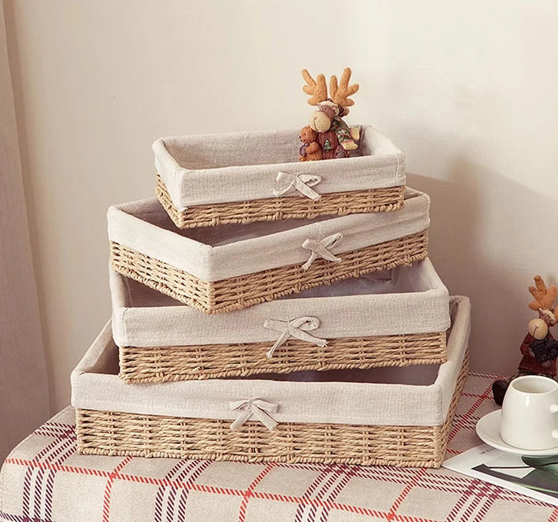 Woven Storage Baskets Metal and Rattan Organizer Storage Boxes with Cotton Lining Clothes Organizer Basket Bedroom Accessories