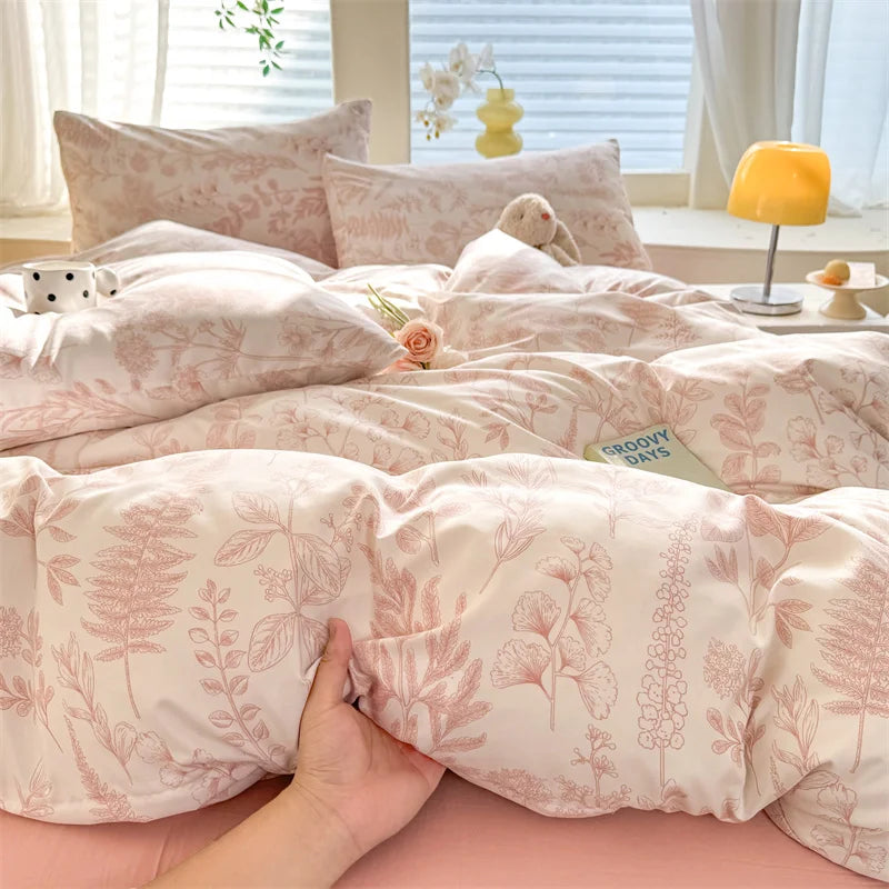 Bonenjoy Pink Flower Duvet Cover Sets Washed Polyester Super Soft Bed Cover Sets Single/Queen/King Quilt Cover with  Pillowcase