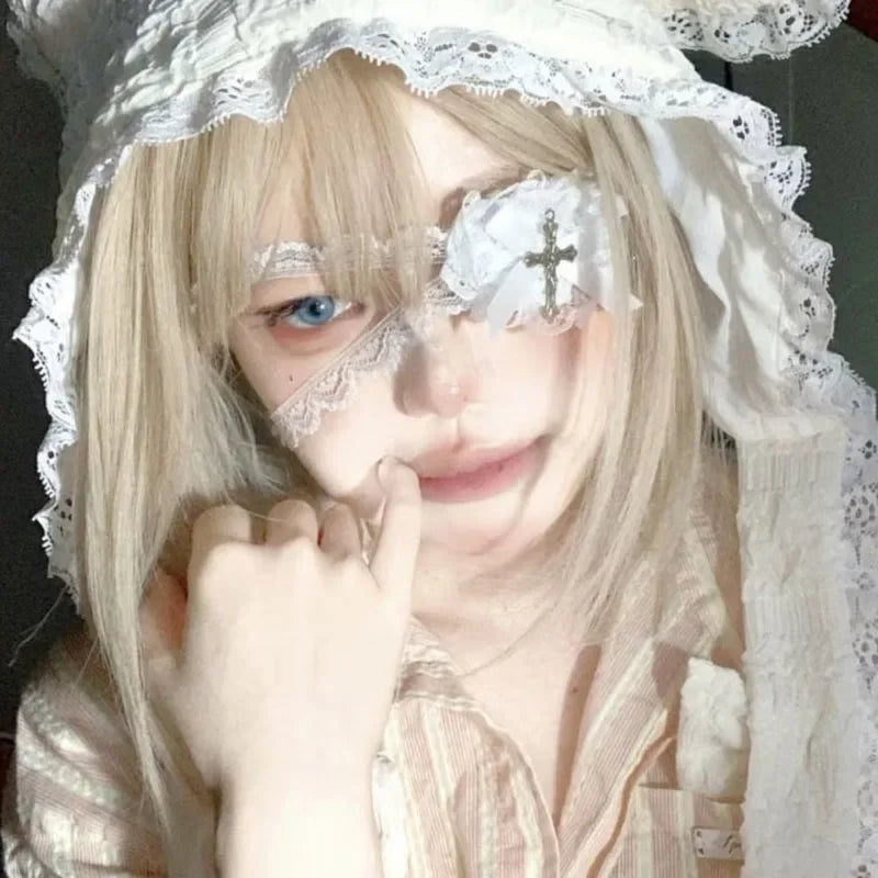 Black White Cross Eye Mask Women Lolita Heart Bowknot Lace Necklace Eye Patch Gothic Vibe Eyewear Punk Cosplay Party Accessories