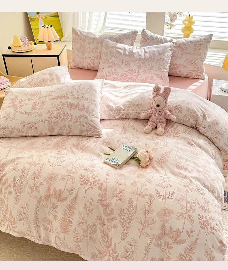 Bonenjoy Pink Flower Duvet Cover Sets Washed Polyester Super Soft Bed Cover Sets Single/Queen/King Quilt Cover with  Pillowcase