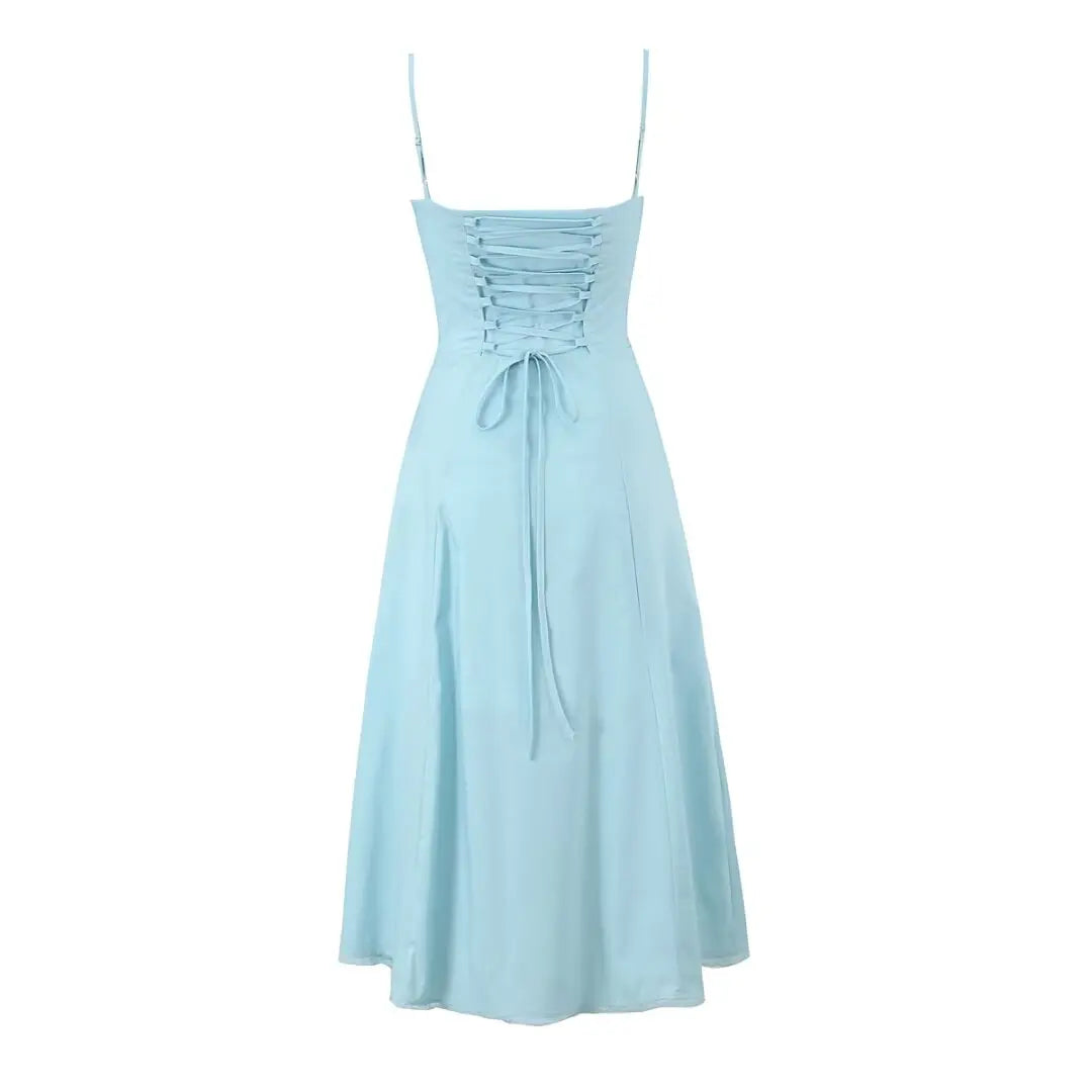 2024 Sexy Sky blue Splice Lace Bow Ruched Chest Corset Style Sling Dress Cross Bandage Lacing Up Back Hem Slit Midi Robe Women