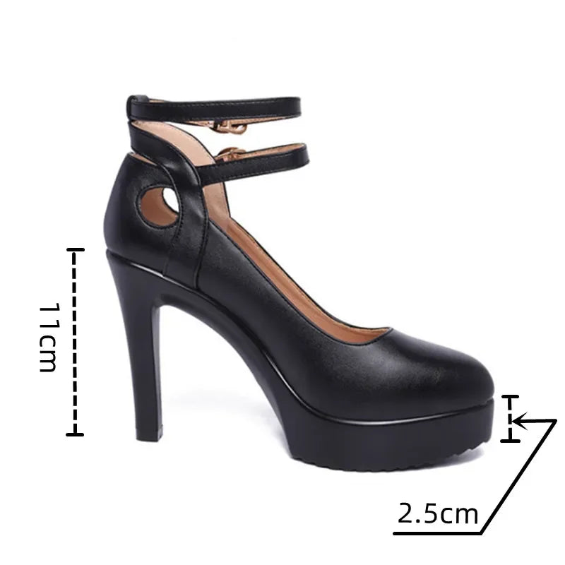 11cm Small Size 32-43 Double Ankle Buckle Soft Leather Shoes Platform Pumps 2025 Block High Heels Shoes for Office Model Dress