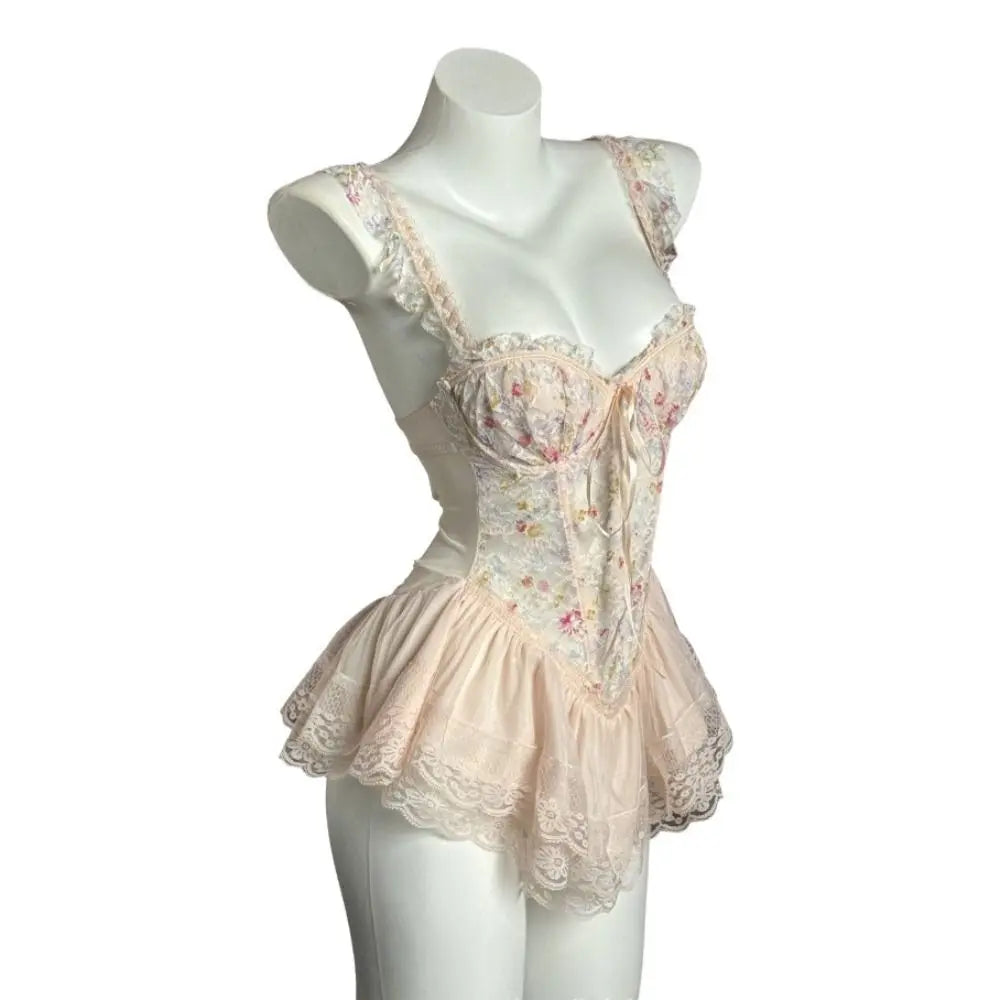 Comfortable Thin Sweet Lace Nightdress Beauty-back Lace-up Sleeveless Nightwear with Chest Pad Homewear Pajamas Women Female