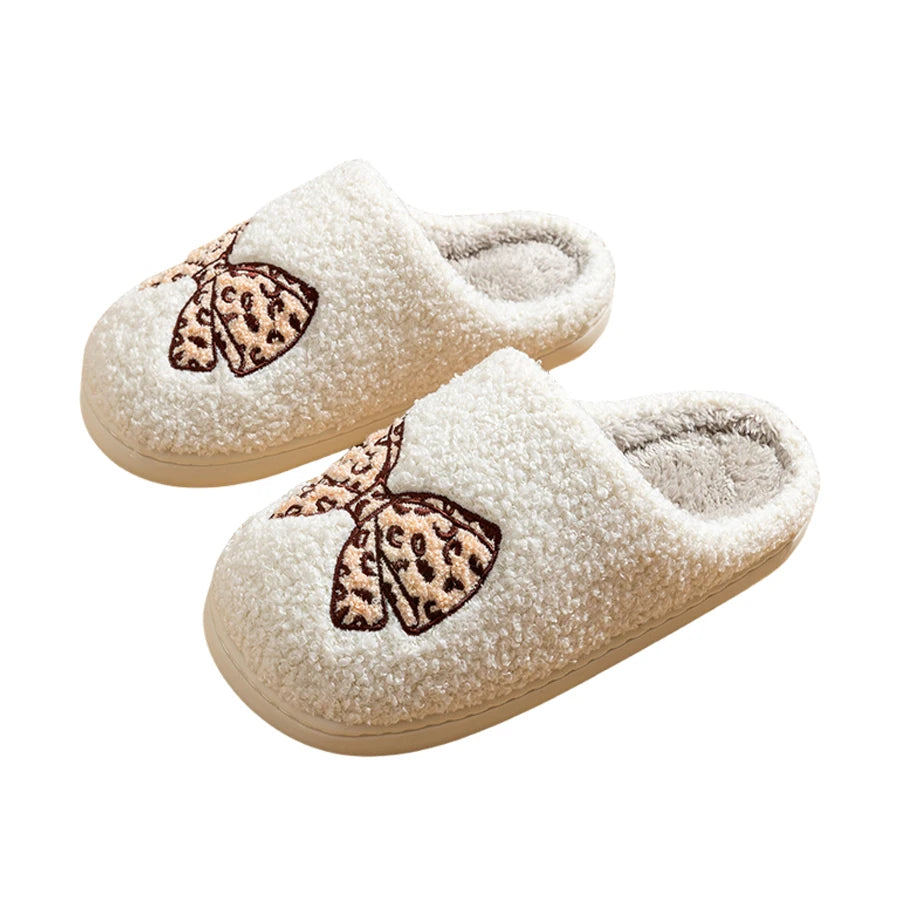 Women's Bow Slippers Warm Pattern Winter Indoor Soft Sole Home Cute Classic Embroidered Comfy casual Fuzzy Bedroom Girls Shoes