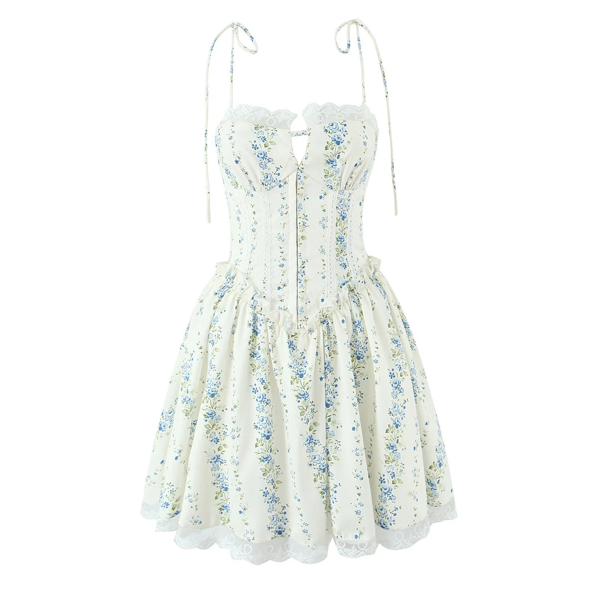 YENKYE Sexy Elegant Women Lace Patchwork Floral Print Sling Mini Dress Low Waist A-line Summer Holiday Party Dresses Pretty Robe