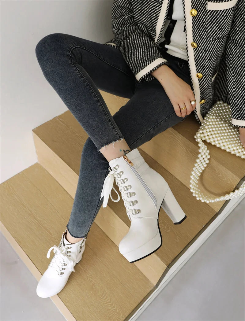 Winter Pink White Red Platform Ankle Boots Women High Chunky Heel Party Dress Lady Buckle Zipper Platform Short Motorcycle Boots