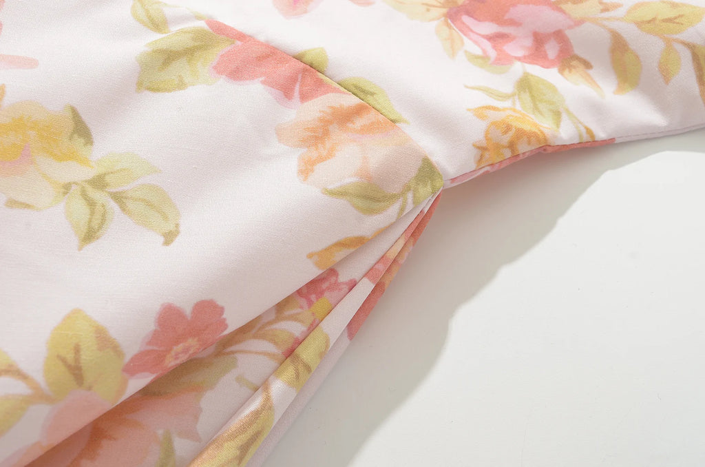 2024 Sexy Pink Flower Print V Collar Sling Dress Women Corset Style Low Waist Folds Hem Ball Gown Swing Mini Tank Robe