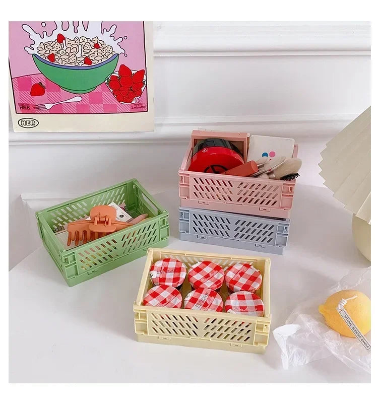 Folding Plastic Storage Box Collapsible Storage Mini Container Desktop Cosmetic Storage Basket Home Office Organizer Box