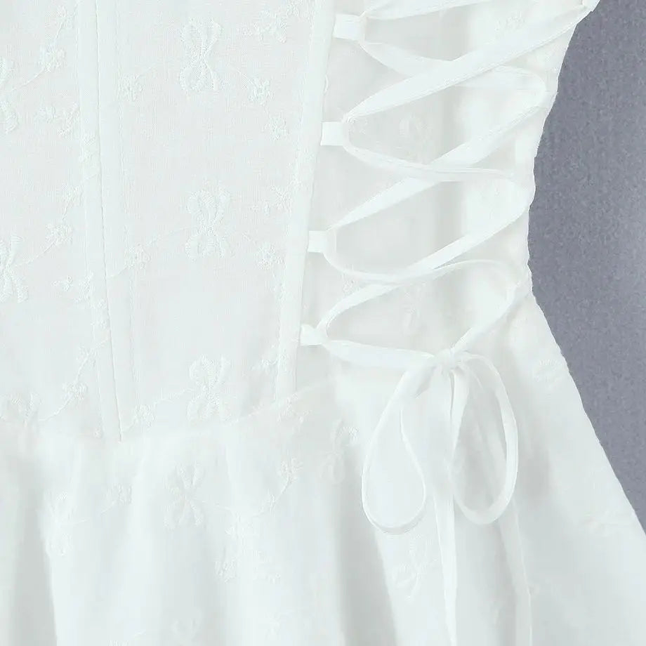 Sexy White Embroidery Floral Corset style Boning Tank Dress Women Cross Lacing up Bow Slim Waist Swing Short Dresses Vestdios