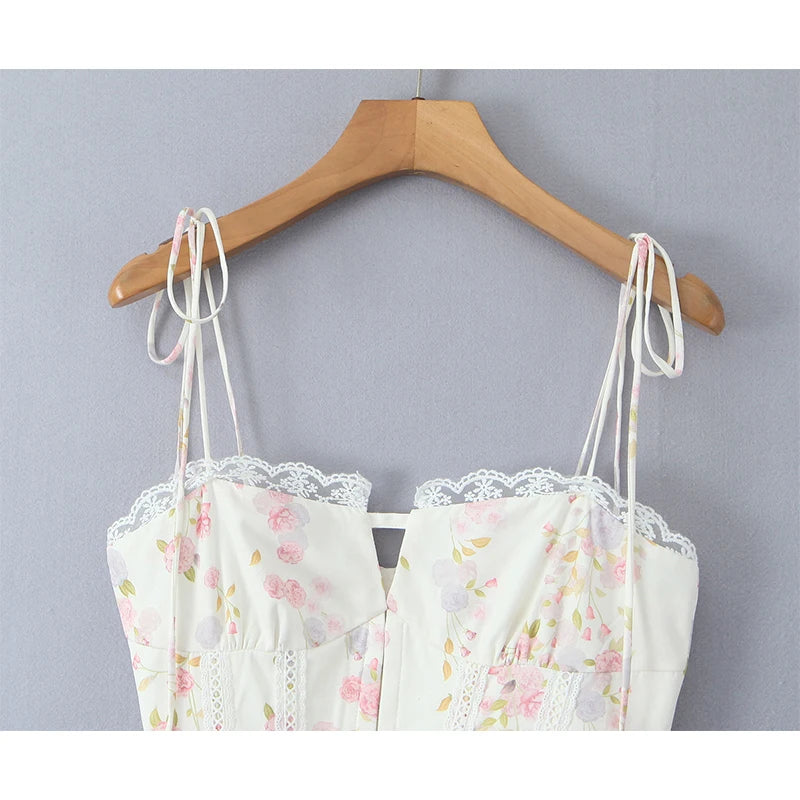 Summer 2025 Women Lace Spliced Floral Print Sling Mini Dress Low Waist A-line Sexy Elegant Party Dresses Holiday Robe