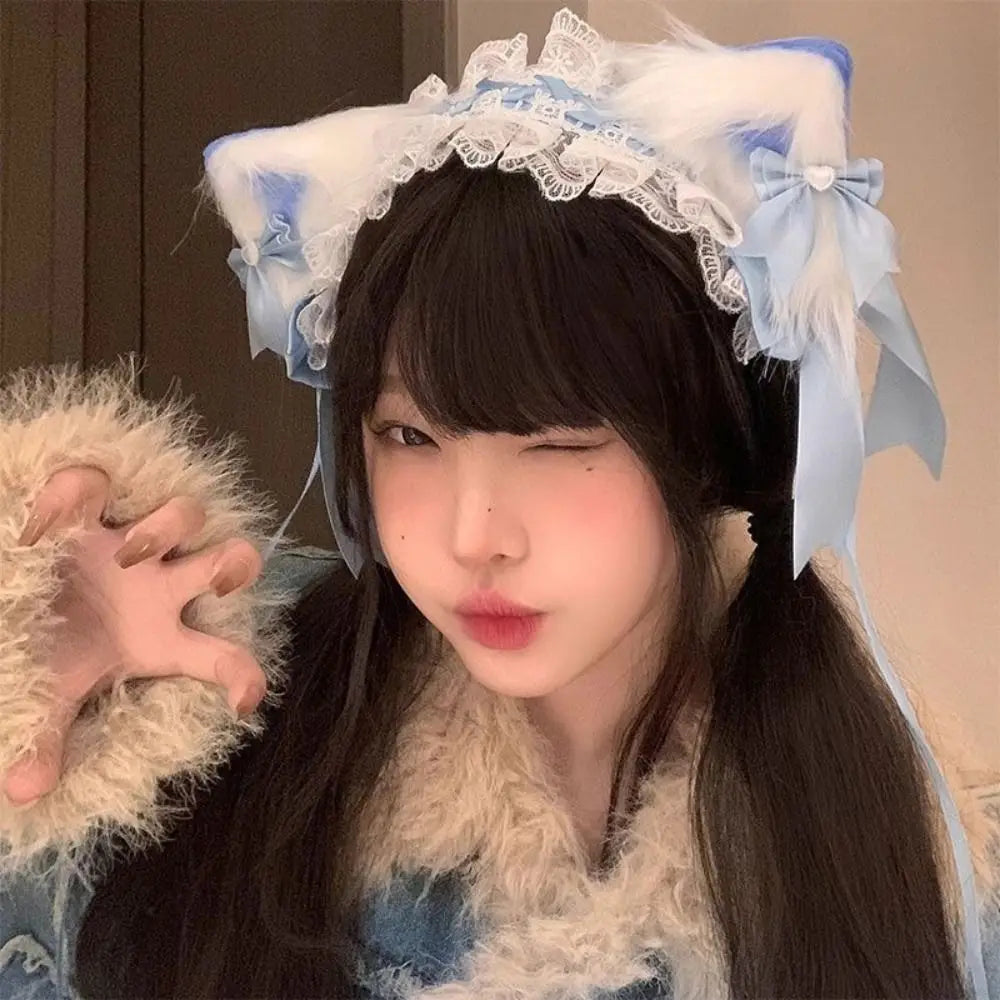 New Lolita Cat Ears Headband Lace Cosplay Head Wrap Bow Headdress Women