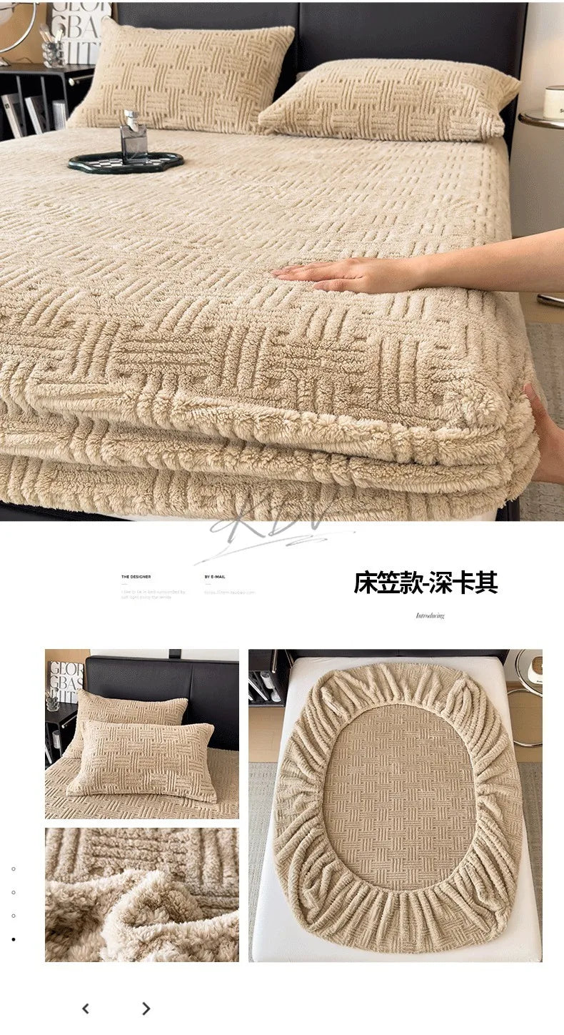 Winter Embossed Plush Fitted Sheet Soft Warm Coral Velvet Mattress Protector Cover Queen Size Deep Pocket Elastic Bed Sheet Set
