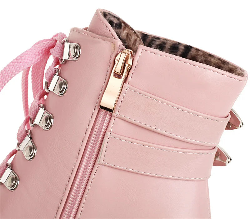 Winter Pink White Red Platform Ankle Boots Women High Chunky Heel Party Dress Lady Buckle Zipper Platform Short Motorcycle Boots