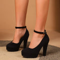 Large Size 42 Sexy Super High Heels Shoes for Women Ankle Buckle Chunky Platform Pumps Woman Black Flock Square Heel Party Shoes