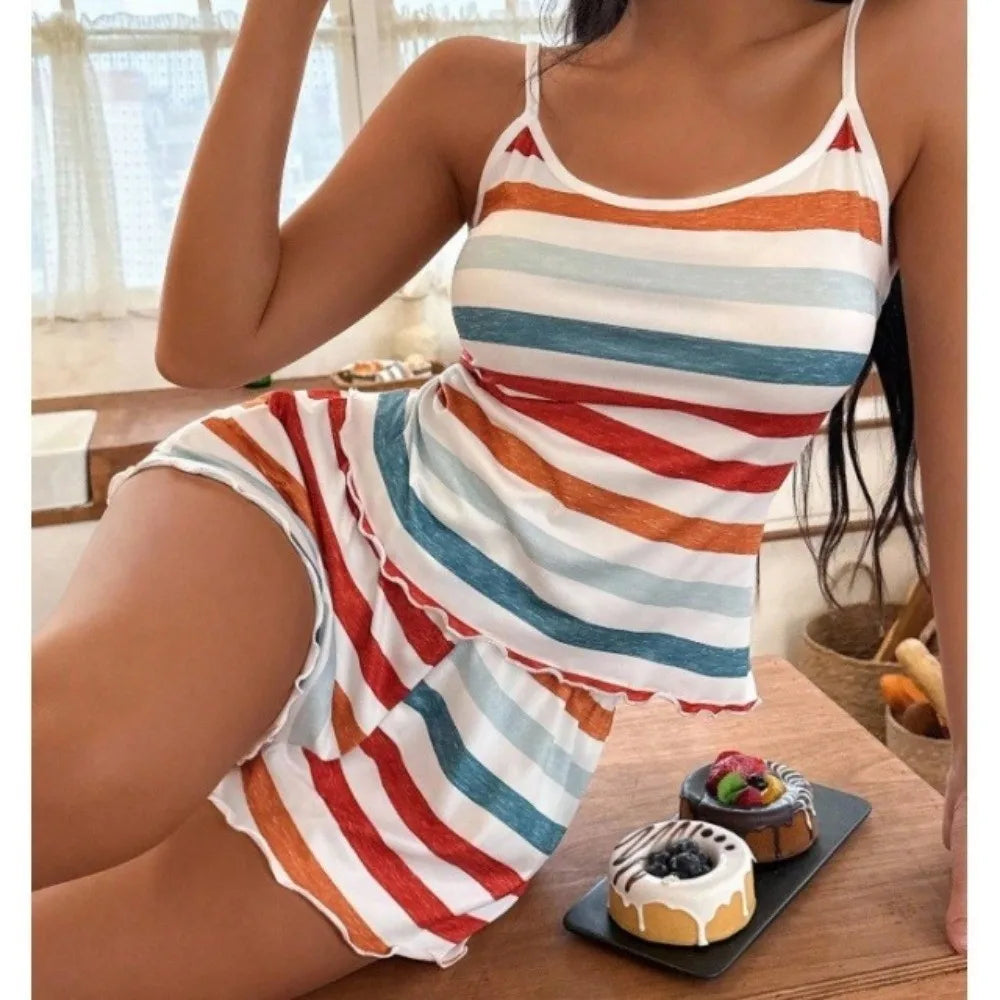 Retro Style Colorful Striped Sleepwear Set Sleeveless Ruffle Women's Pajamas Set Comfortable Loungewear Set Home Lounge