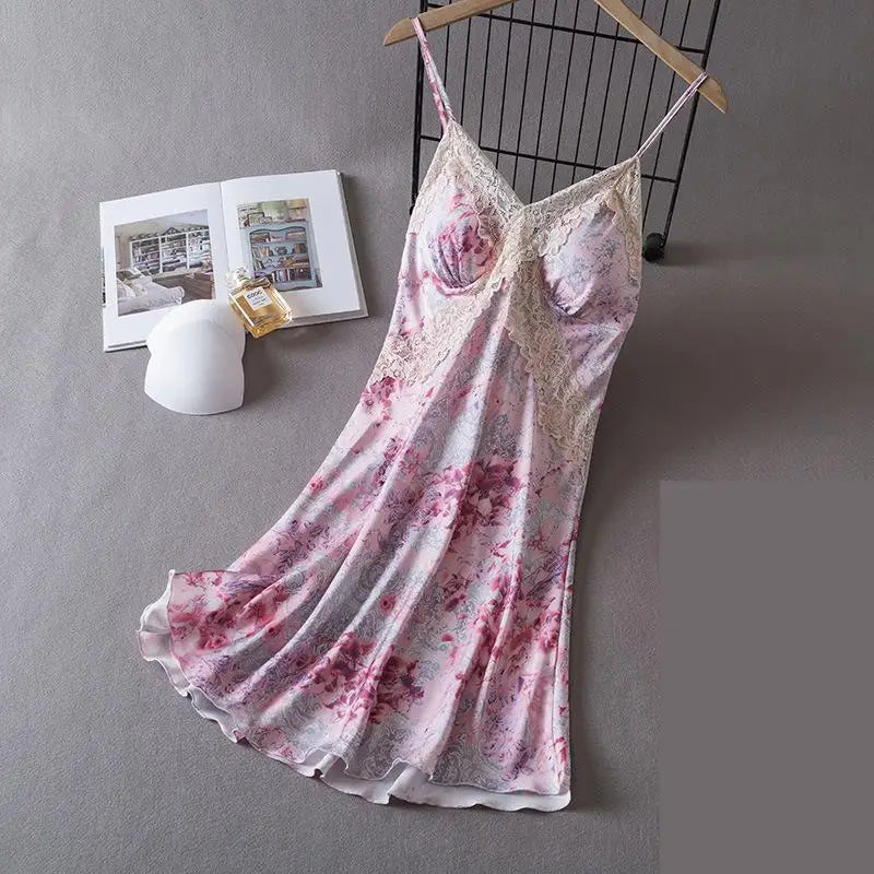 Women Lace Chemise Nightgown Dress Summer New Silky Satin Sleepwear Dressing Gown Lingerie Sexy Strap Nightdress Loungewear