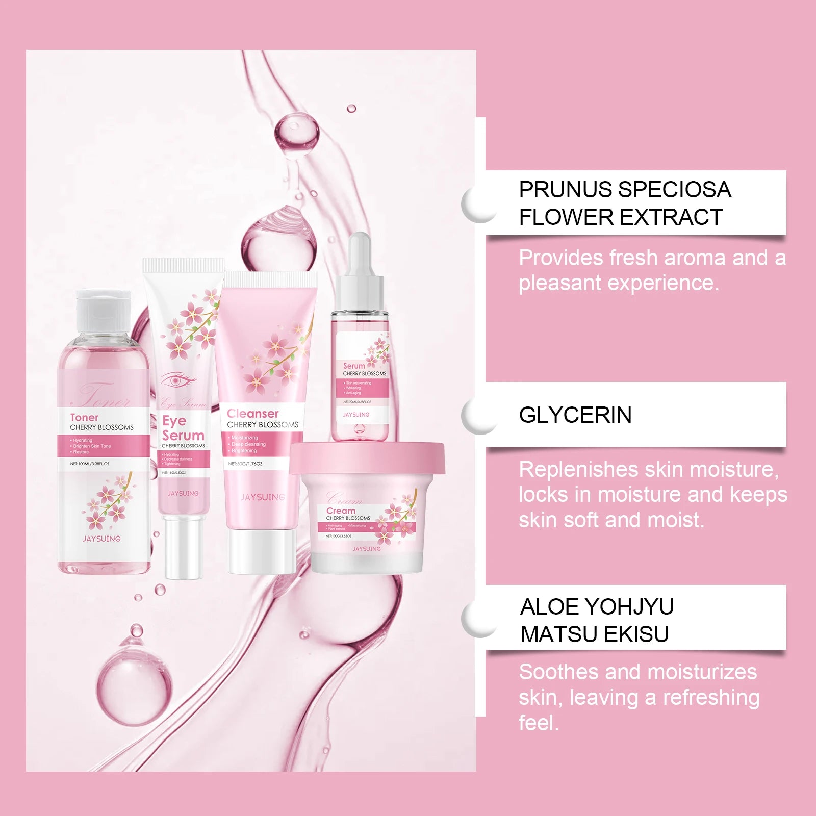 Sakura Skincare Set Moisturizer Face Cream Serum Toner Facial Cleanser Eye Cream Anti-Wrinkle Brighten Face Care Kit for Women