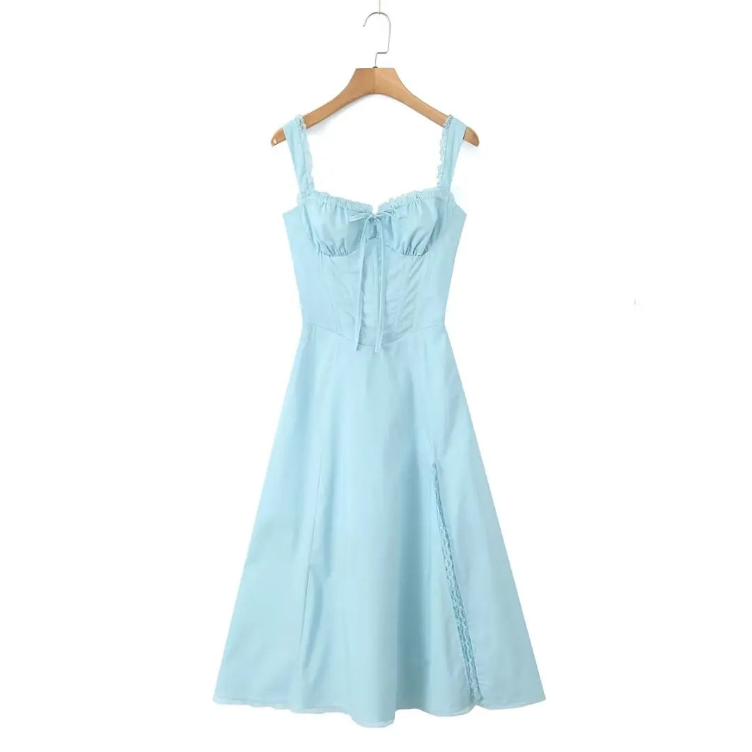 2024 Sexy Sky blue Splice Lace Bow Ruched Chest Corset Style Sling Dress Cross Bandage Lacing Up Back Hem Slit Midi Robe Women