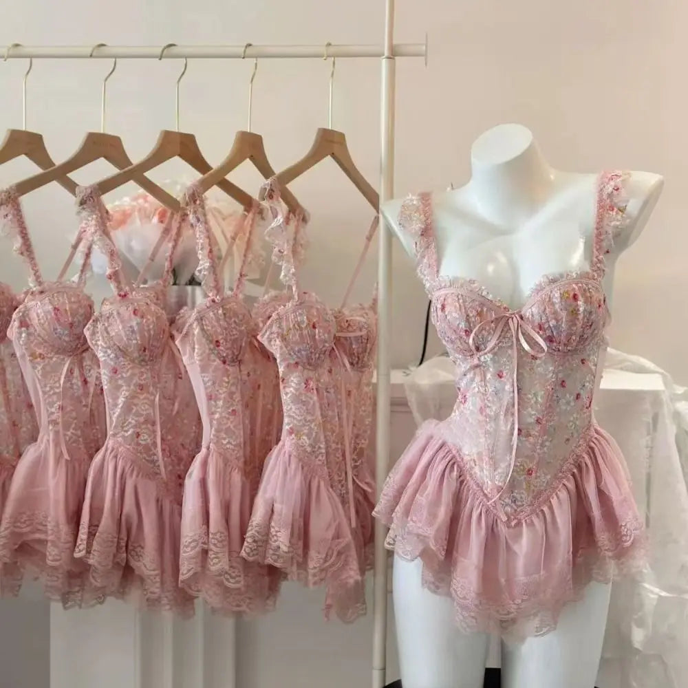 Comfortable Thin Sweet Lace Nightdress Beauty-back Lace-up Sleeveless Nightwear with Chest Pad Homewear Pajamas Women Female