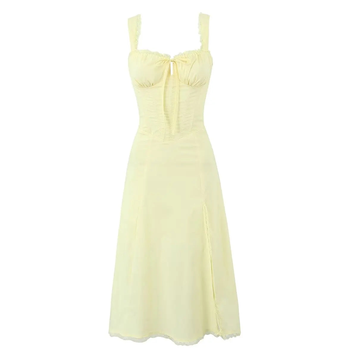 2024 Sexy Sky blue Splice Lace Bow Ruched Chest Corset Style Sling Dress Cross Bandage Lacing Up Back Hem Slit Midi Robe Women