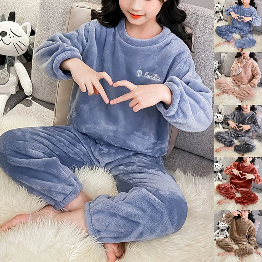Kids Pajamas Long Sleeve Lounge Wear Soft Flannel Sleepwear Cozy Pullover Tops Warm Trousers Girl Boy Nightwear Home Outfit Set