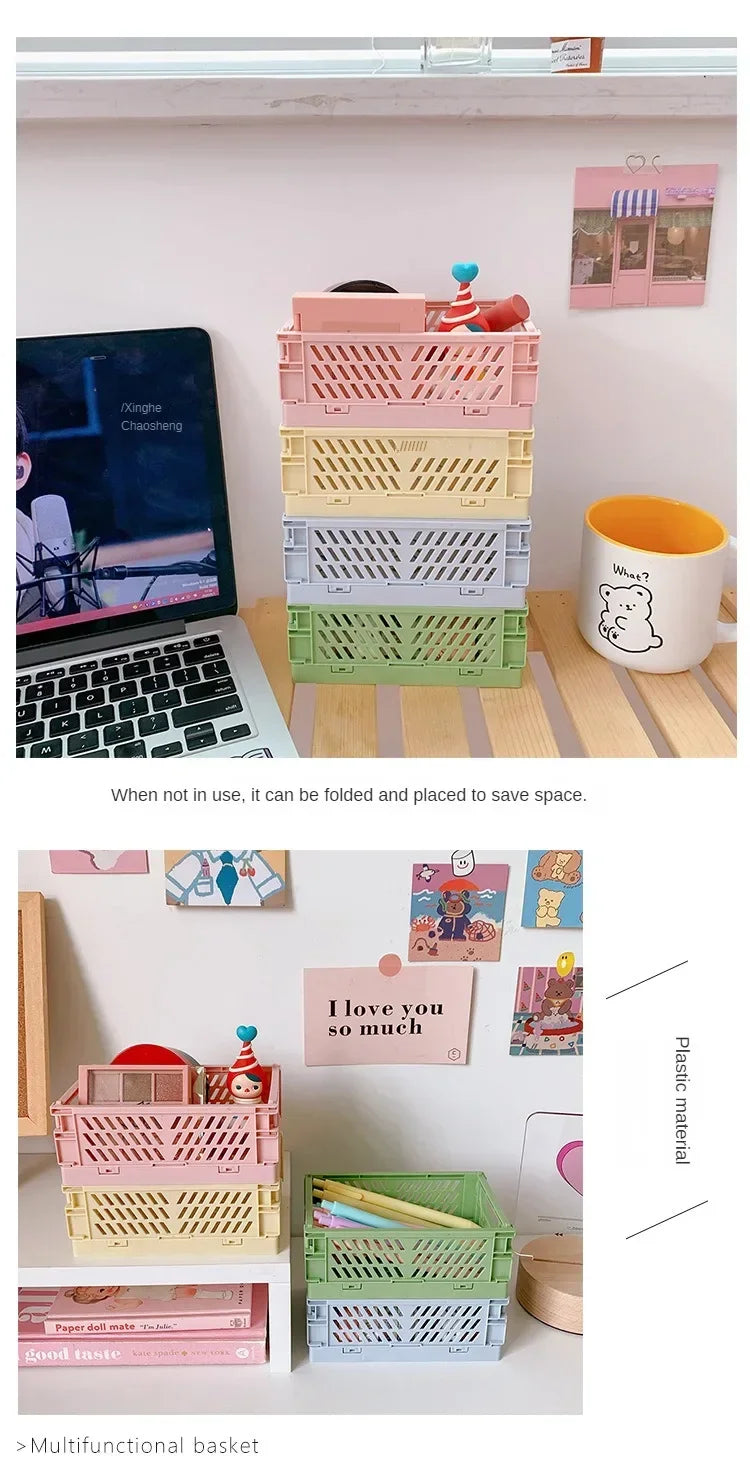 Folding Plastic Storage Box Collapsible Storage Mini Container Desktop Cosmetic Storage Basket Home Office Organizer Box