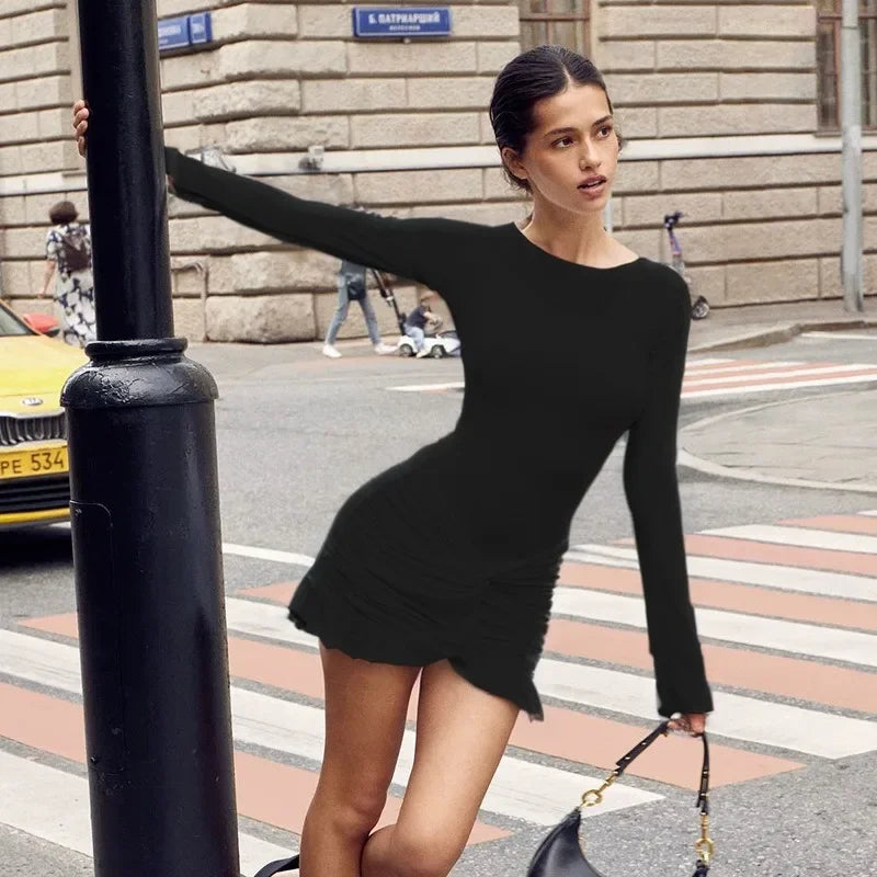 Ruched Bodycon Dress Women Sexy Long Sleeve Twist Ruffles Hem Mini Y2k Dresses Autumn White Elegant