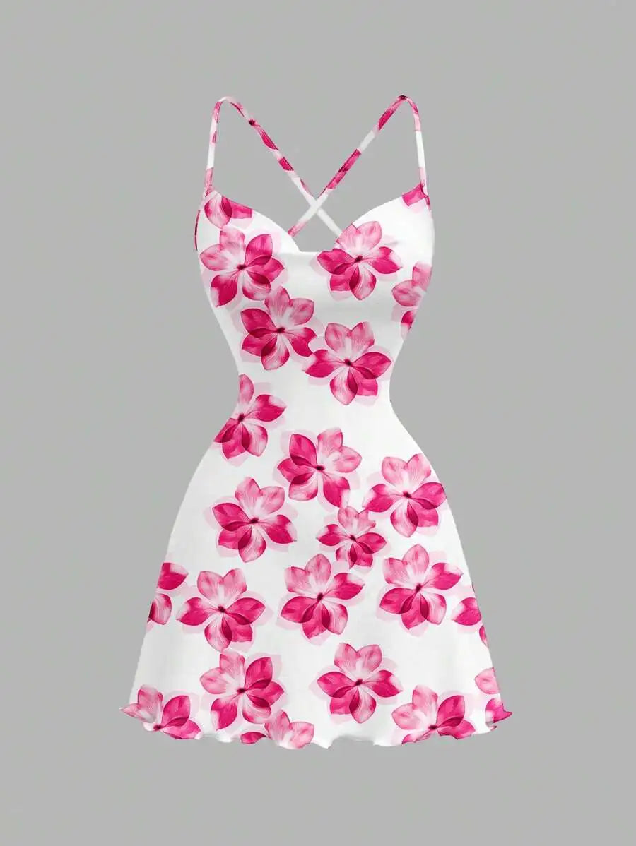 Women's Casual Floral Print Knit Mini Dress, Crisscross Thin Straps, Lettuce Hem Detail, Stylish Going-Out Style