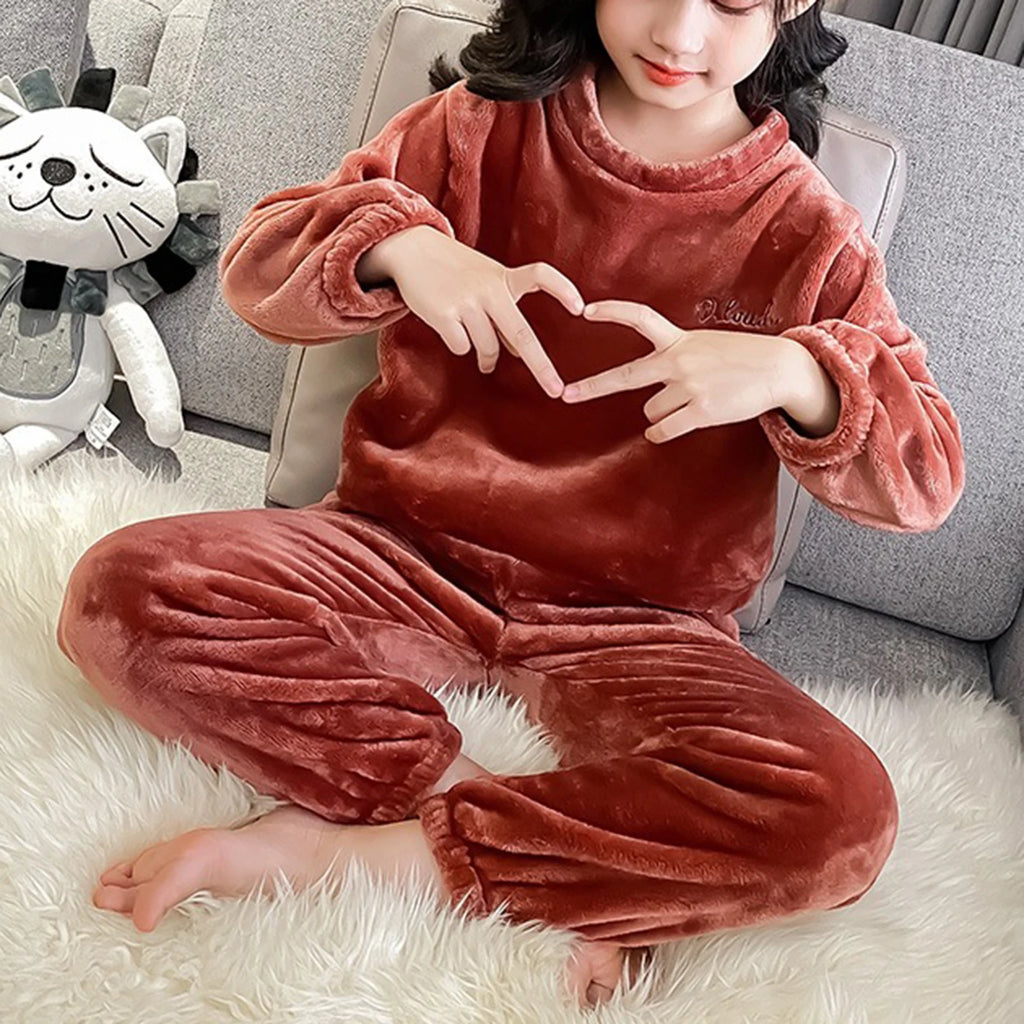 Kids Pajamas Long Sleeve Lounge Wear Soft Flannel Sleepwear Cozy Pullover Tops Warm Trousers Girl Boy Nightwear Home Outfit Set