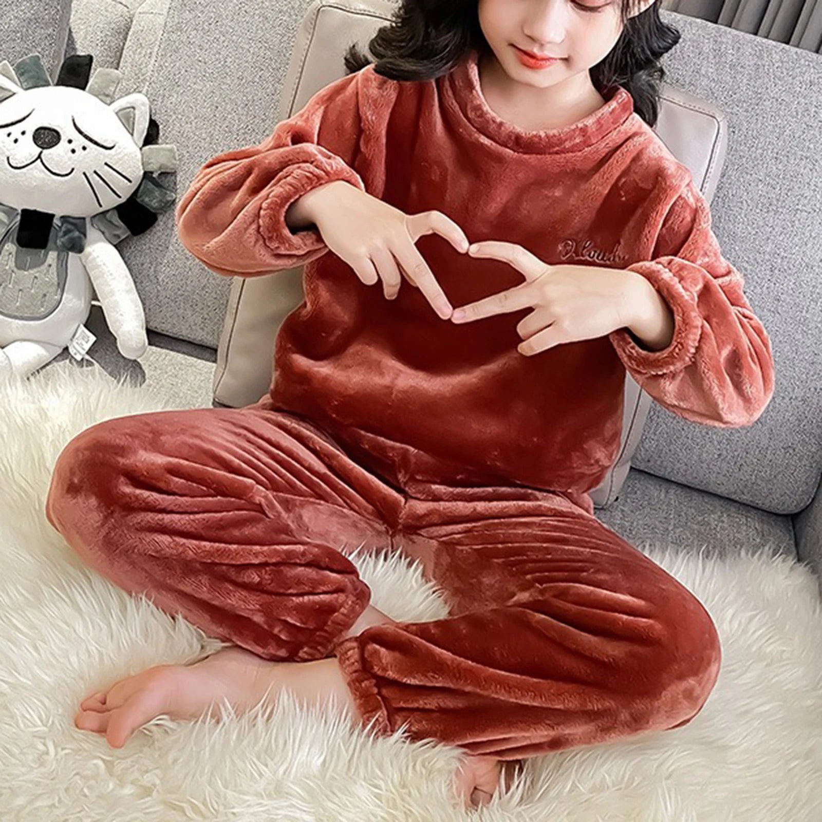 Kids Pajamas Long Sleeve Lounge Wear Soft Flannel Sleepwear Cozy Pullover Tops Warm Trousers Girl Boy Nightwear Home Outfit Set
