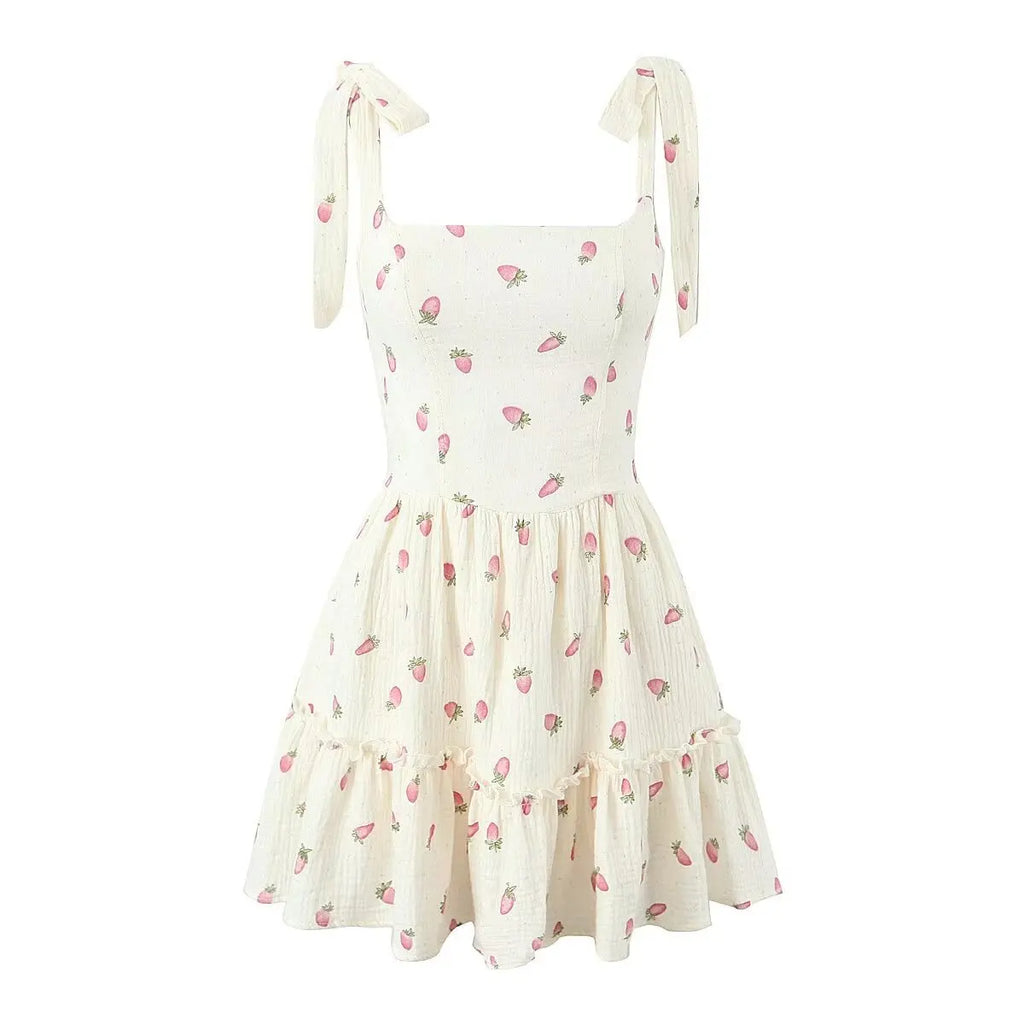 Women Sexy Beige Strawberry Tie Bow Strap Dress Cross Lacing Up Back Slim Waist Wood ears Swing Cake Mini Robe Vestidos