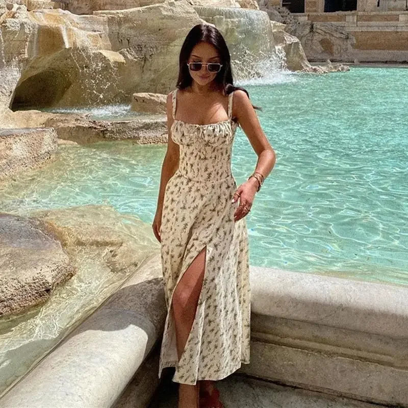 Sexy Floral Print Corset Long Dress Women's Slips Dresses Female Bandage Spring Summer Y2K Summer Holiday Vacatioin White Pink