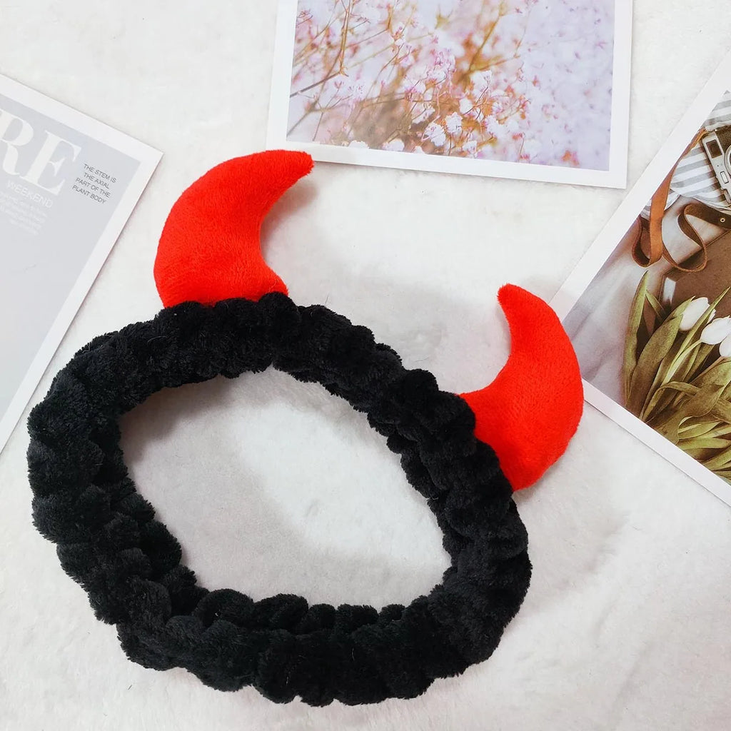 1PC Plush Headband Devil Horn Hairbands Cute Cartoon Headwrap For Face Wash Skincare Makeup Hair Accessories For Women