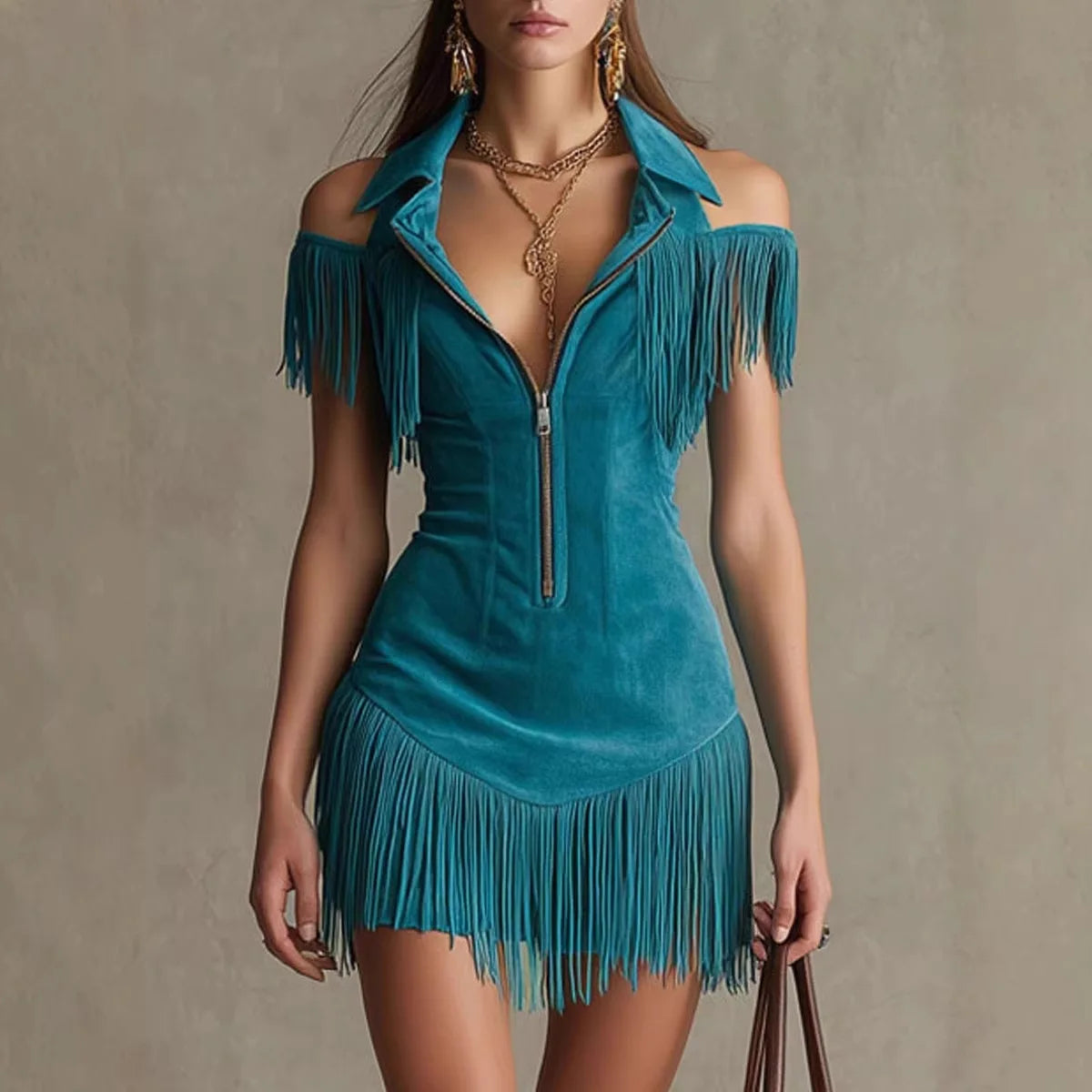 Suede Fringe Dress 2026 Women Summer Cold Shoulder Lapel Zip Up Bodycon Mini Dress Sleeveless Western Style Hot Girl Dress