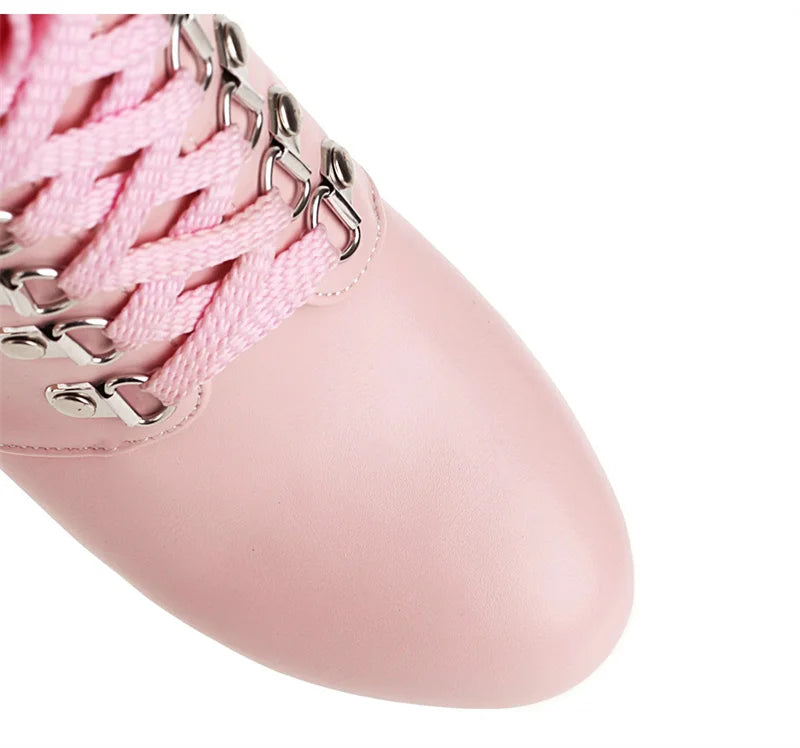 Winter Pink White Red Platform Ankle Boots Women High Chunky Heel Party Dress Lady Buckle Zipper Platform Short Motorcycle Boots