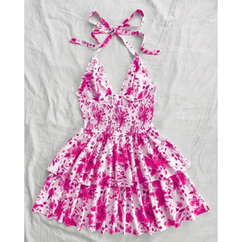 Women Vacation Style Retro Short Dresses Fashion Watercolor Rose Print Halter Lace-up Ruffled Decorative Dress 2025 Sexy Vestido