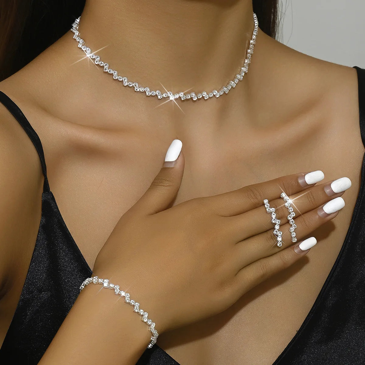 Wave Style Jewelry Sets for Women Claw Chain Zircon Choker Necklace Earrings Bracelet Bridal Wedding Party Jewelry Sets