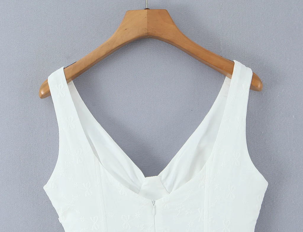 Sexy White Embroidery Floral Corset style Boning Tank Dress Women Cross Lacing up Bow Slim Waist Swing Short Dresses Vestdios
