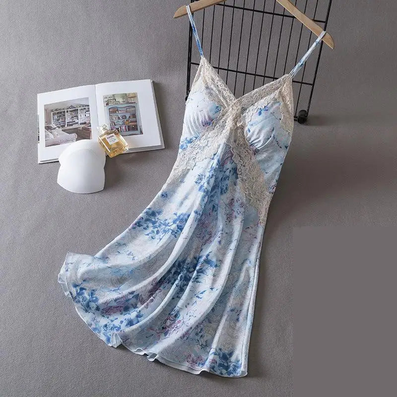 Women Lace Chemise Nightgown Dress Summer New Silky Satin Sleepwear Dressing Gown Lingerie Sexy Strap Nightdress Loungewear