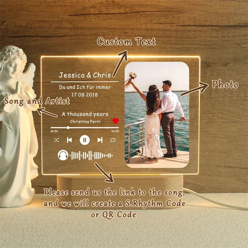 Custom Song Acrylic Plaque,Personalized Photo Frame,Music Photo Name Night light Lamp,Playlist Streaming,Gift for Couple