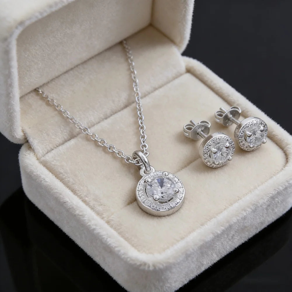 Sterling Silver Necklace Earring Set Promotion Lover Gifts Cute Fashion Noble Women Shiny Crystal Cz Jewelry Set Wedding