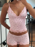 Women Sleepwear Pink Floral Lace Patchwork Two-piece Pajamas Set Sleeveless Camisoles and Slim Cute Shorts Loungewear