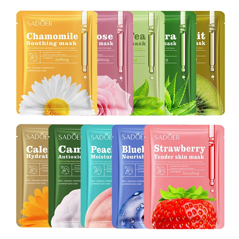 10pcs Fruit Floral Fragrance Face Mask Moisturizing Firming Hydrating Chamomile Blueberry Facial Masks For Face Skin Care